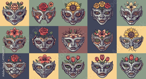 Whimsical floral robot masks in artistic grid, a blend of nature and technology, perfect for creative projects and modern design concepts, expressive and unique