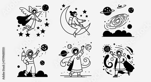 Explore the cosmos with these charming space illustrations! Delightful celestial designs featuring astronauts, moons, and galaxies for your creative projects