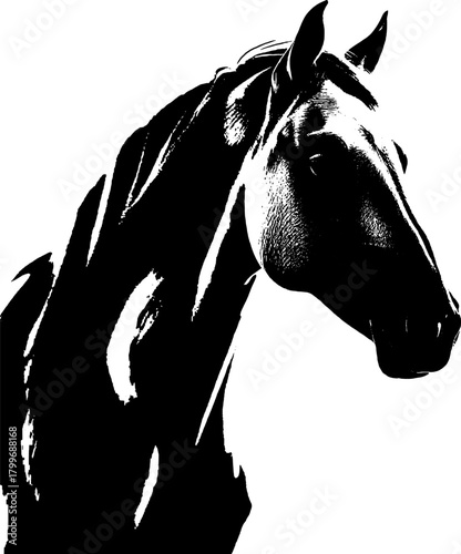 A dynamic black silhouette of a horse  exuding grace and strength against a clean white backdrop