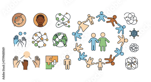 Diversity and Inclusion Concepts with Interconnected Icons of People, Globe, and Hands, Conveying Teamwork, Global Connection, and Community in a Modern Style
