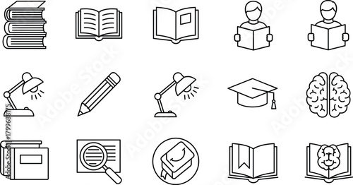Collection of black outline icons representing education and learning concepts book