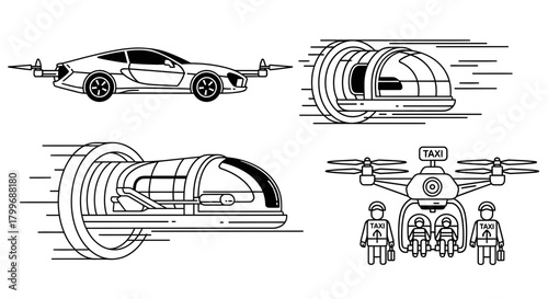 Futuristic transport concepts, showcasing flying car, drone taxi, and hyperloop train for innovative urban mobility and future city design, originally a scalable vector graphic