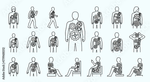 Explore human anatomy with intricate gear illustrations, showcasing body mechanics and inner workings, ideal for educational materials and medical visualizations