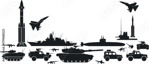 Collection of black silhouette military vehicles aircraft and weapons army navy