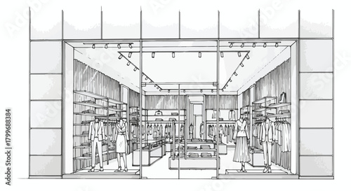 Modern retail entrance sketch with recessed lighting, wide glass frontage, symmetrical framing, and contemporary commercial lobby aesthetics.