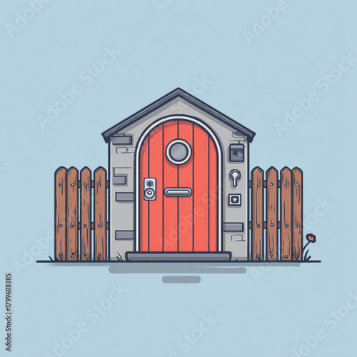 Charming cartoon house with a red door and wooden fence in a whimsical style