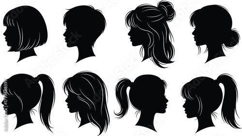 Collection of Black Silhouettes of Female Profiles with Diverse Hairstyles woman