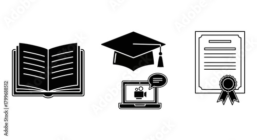 Mastering knowledge and achieving success with education icons representing learning, graduation, and certification