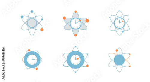 Dynamic atom icons featuring clocks symbolize time, science, and progress, perfect for modern tech and research concepts