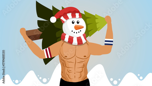 Muscular snowman carrying Christmas tree winter humor festive illustration