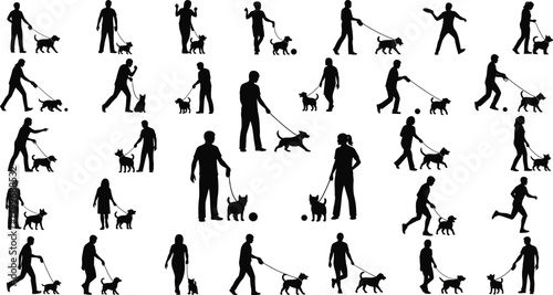 Collection of black silhouettes of people walking dogs on leashes vector