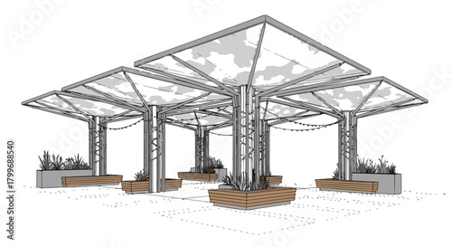 Architectural sketch of a modern outdoor pavilion featuring steel supports, glass canopy structure, raised planters, and open public seating design.