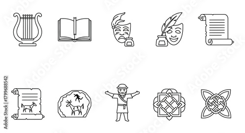 Discover ancient art, literature, and cultural symbols representing history, creativity, and artistic expression through elegant line icons