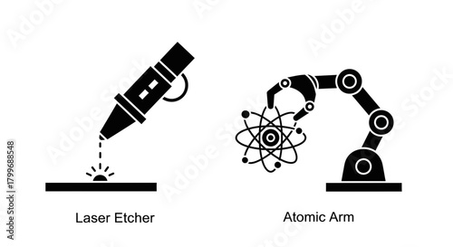 Precision laser etching tool and robotic arm grasping atomic model symbolizing advanced manufacturing and scientific innovation