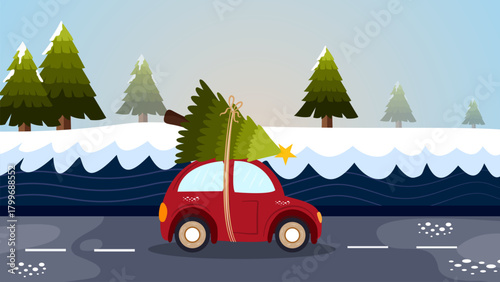 Red car transporting big Christmas tree through snowy winter roadside