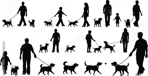 Collection of black silhouettes of people walking dogs on white background pets