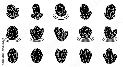Collection of modern black crystal icons representing growth, energy, and natural beauty for design projects