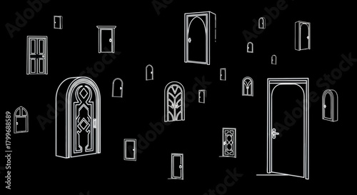 Discover endless possibilities with a diverse collection of stylized doors, representing opportunities, choices, and new beginnings in a modern design.