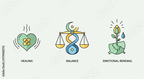 Inspiring trio of icons symbolizing healing, balance, and emotional renewal for wellness and personal growth concepts