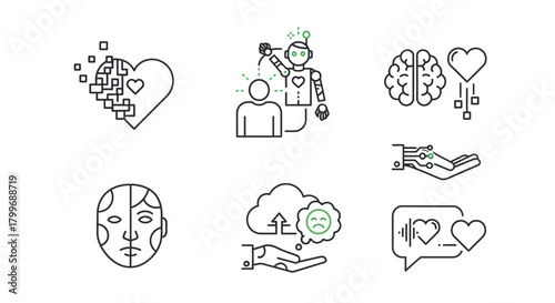 Inspiring AI icons depicting human emotion, technology, and connection, perfect for digital innovation and future concepts.