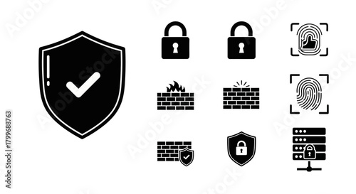 Dynamic collection of security icons featuring shields, locks, firewalls, fingerprints, and servers for digital protection concepts
