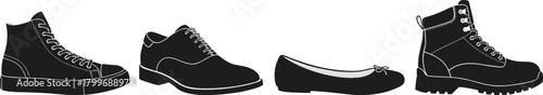 Four black and white silhouette illustrations of different footwear styles shoe boot