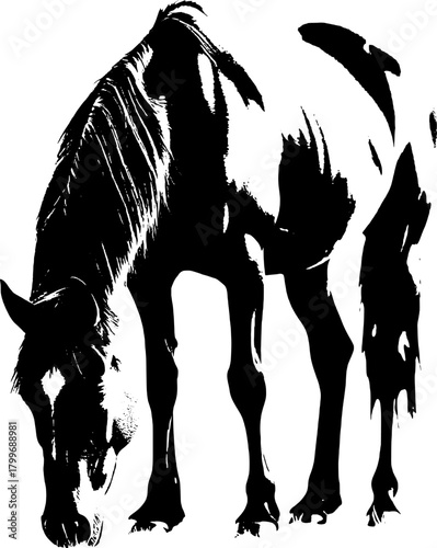 A dynamic black silhouette of a horse  exuding grace and strength against a clean white backdrop