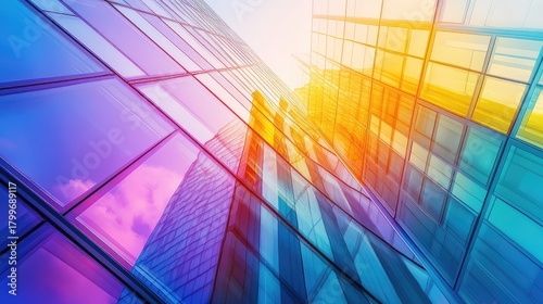 Modern glass building reflecting colorful abstract urban architecture