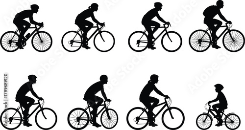 Multiple black silhouettes of people riding bicycles on a white background cycling