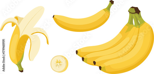 Peeled banana bunch and slice on white background banana slice fruit