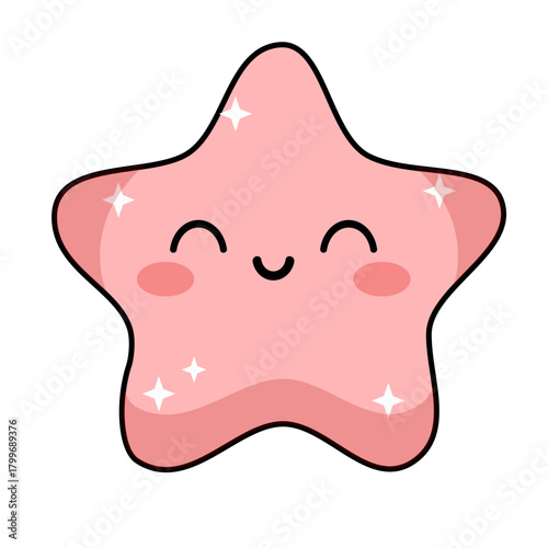 Cute pink star with smiling face and sparkles