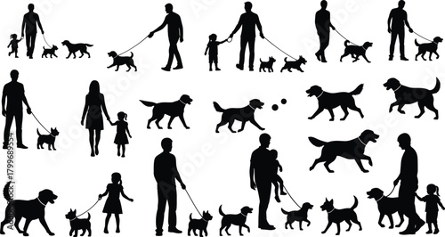 Silhouettes of people walking dogs and children with dogs vector