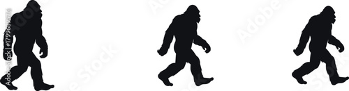 Three black silhouette figures of Bigfoot walking from left to right Sasquatch creature