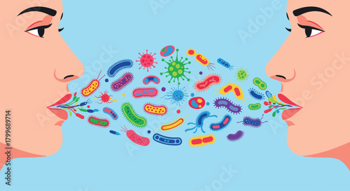 Two faces exhaling colorful abstract germs and bacteria on a light blue background