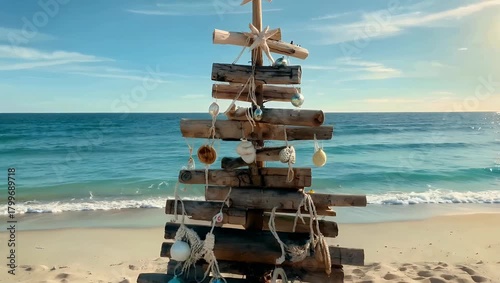 Driftwood Christmas Tree Sunny Beach Golden Hour