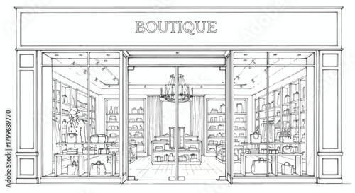 Clean architectural drawing of a modern boutique interior with large transparent glazing, structured shelving, organized displays, and spacious contemporary layout.