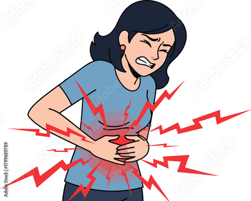 Woman clutching stomach in pain with red lightning bolt graphics stomach ache abdominal pain