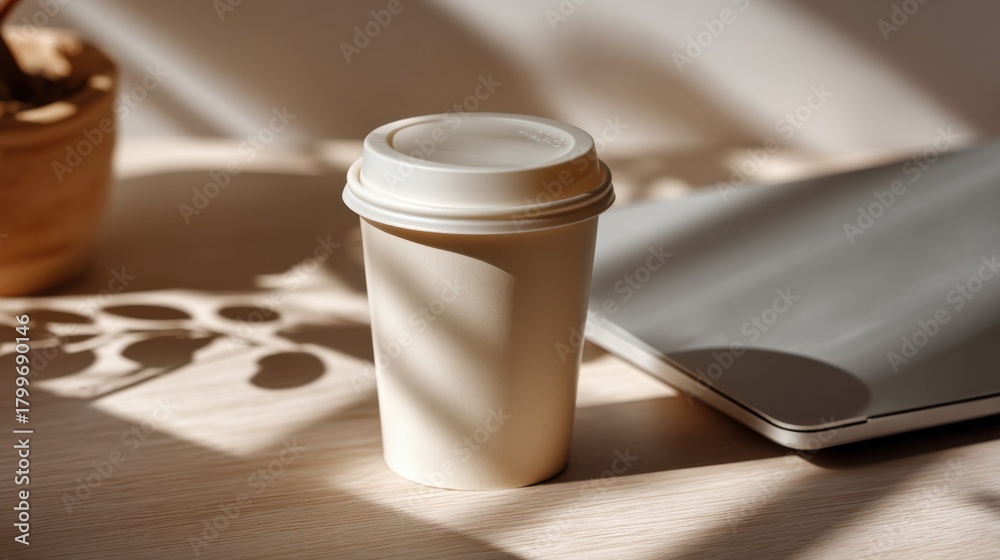 Obraz premium Close-up shot of paper coffee cup with laptop slightly blurred in the background, clean minimal workspace aesthetic and warm tones