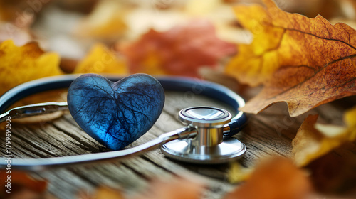 Show your love for medicine with this beautiful heart shaped stone and stethoscope on wood table with fall leaves