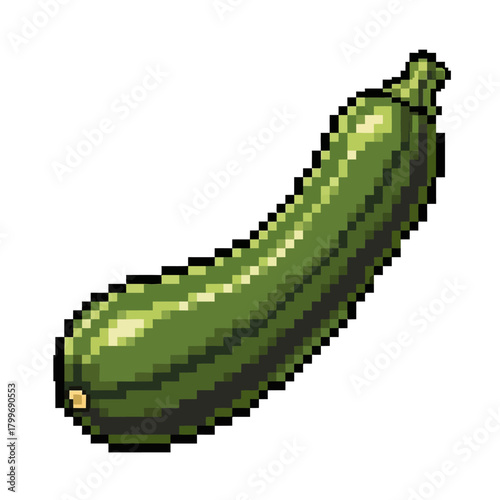 Pixel art zucchini icon. 8-bit retro gaming style green squash vegetable isolated on a white background. Healthy food concept illustration