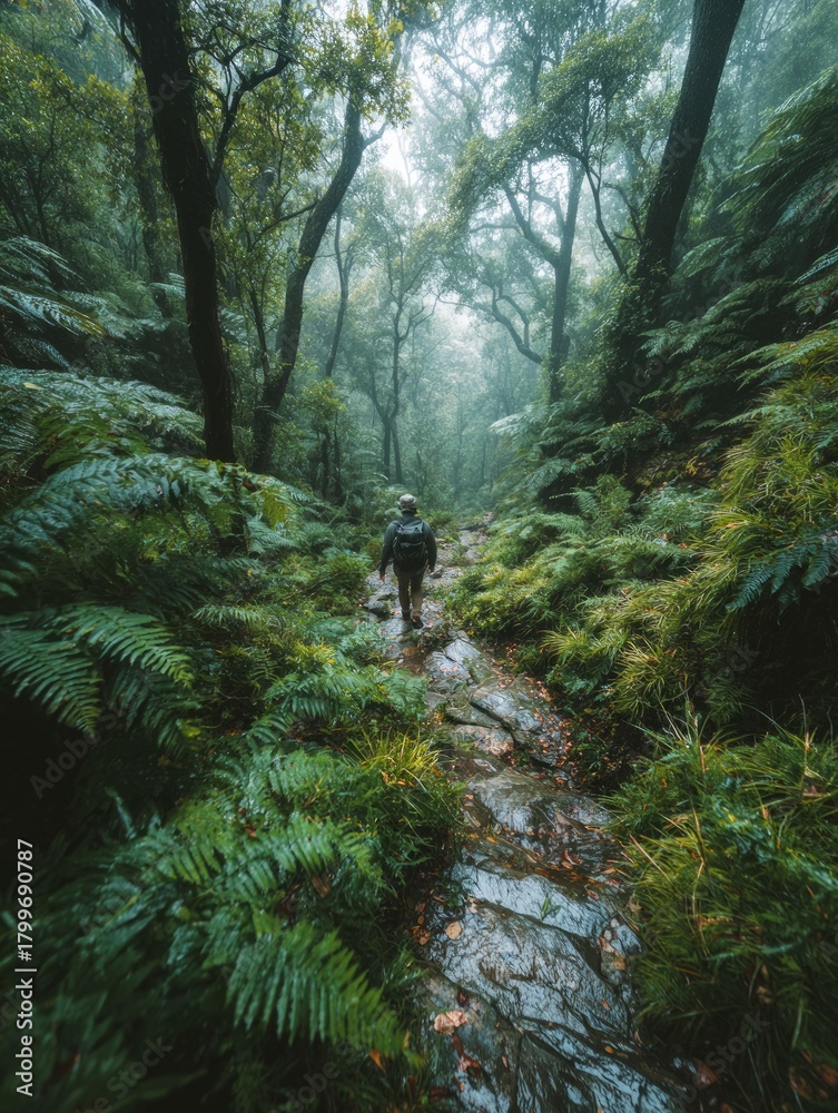 Fototapeta premium Hiker walking through misty fern forest trail