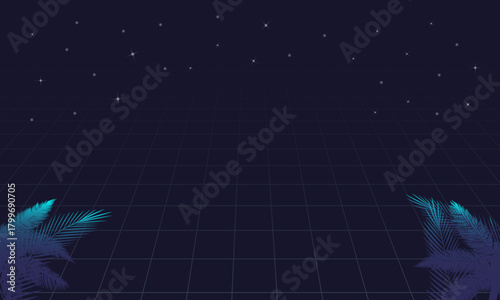 Retro Futuristic background with night sky, grid and tropical leaves. Vector illustration