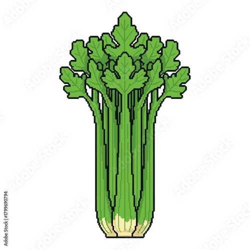 Pixelated graphic illustration of a bunch of vibrant green celery stalks with textured leaves, showcasing a healthy food concept