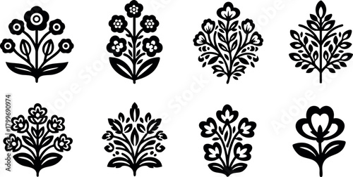 Decorative flower icons set with various floral designs in black silhouette style for creative vector projects and graphic decoration