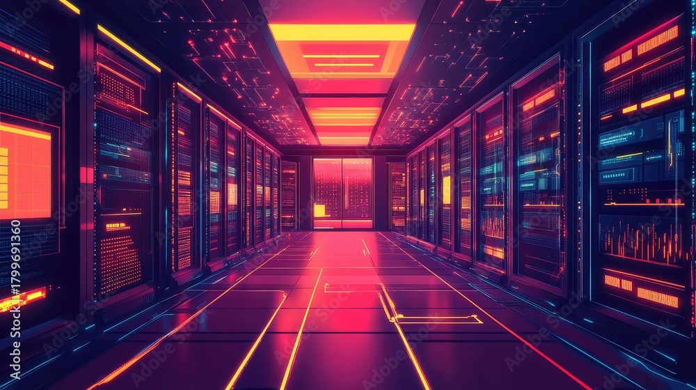 Fototapeta premium Cyberpunk data center server room computing infrastructure