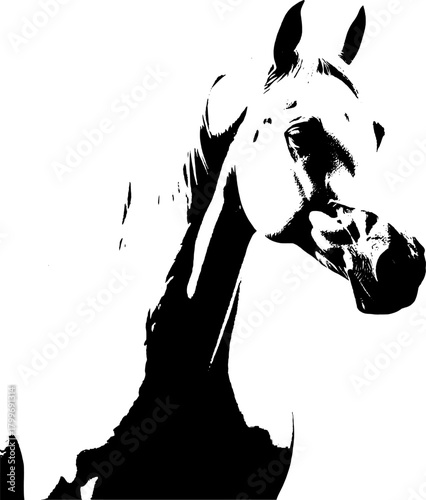 A dynamic black silhouette of a horse  exuding grace and strength against a clean white backdrop