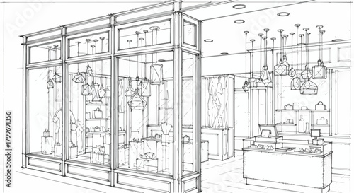 Retail interior sketch showing clothing displays, open walkway, ceiling lighting fixtures, and clean contemporary commercial materials.