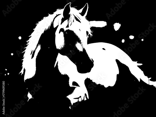 A dynamic black silhouette of a horse  exuding grace and strength against a clean white backdrop