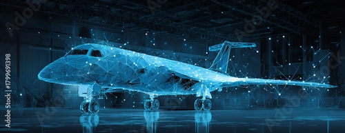 Digital rendering of a private jet in a hangar showcasing advanced technology and futuristic design for aviation and aerospace industries