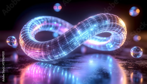 Ethereal 3D fractal composition of a glowing infinity symbol, constructed from neon tubes and shimmering blue-pink particles